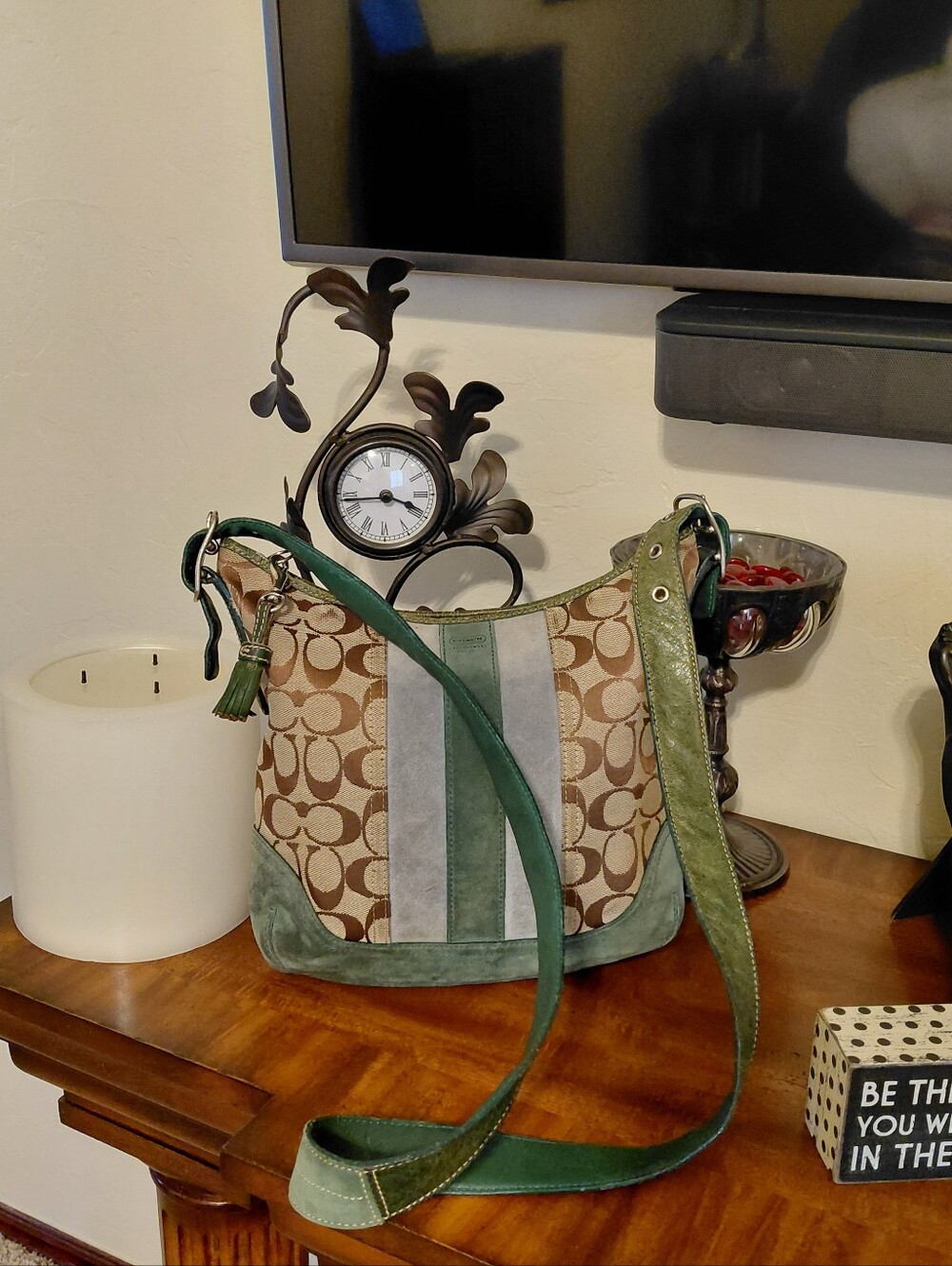 Coach Vintage Signature Stripe Hobo Bag Green Suede Style Number 6877